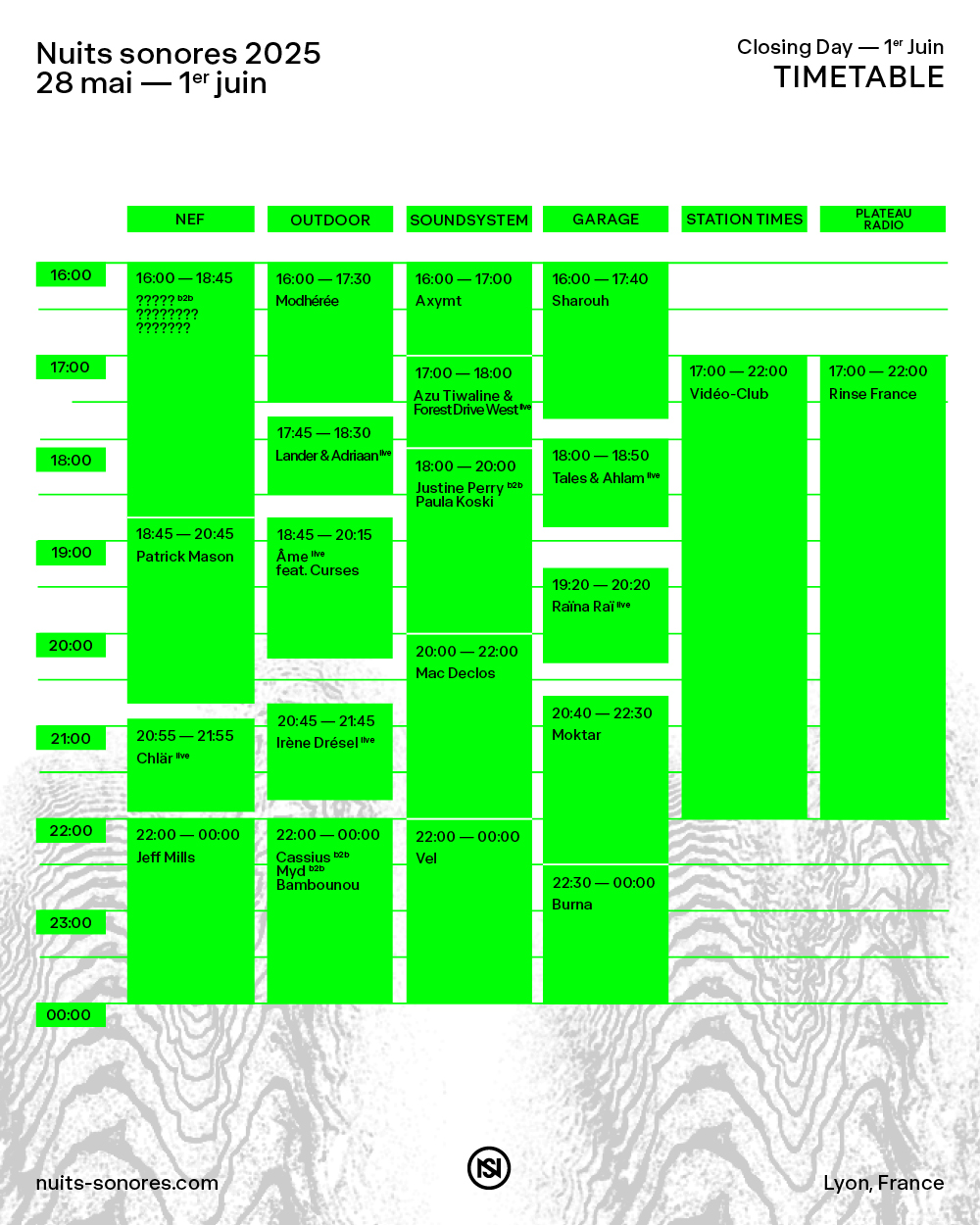 TIMETABLE – CLOSING DAY – Nuits sonores 20255